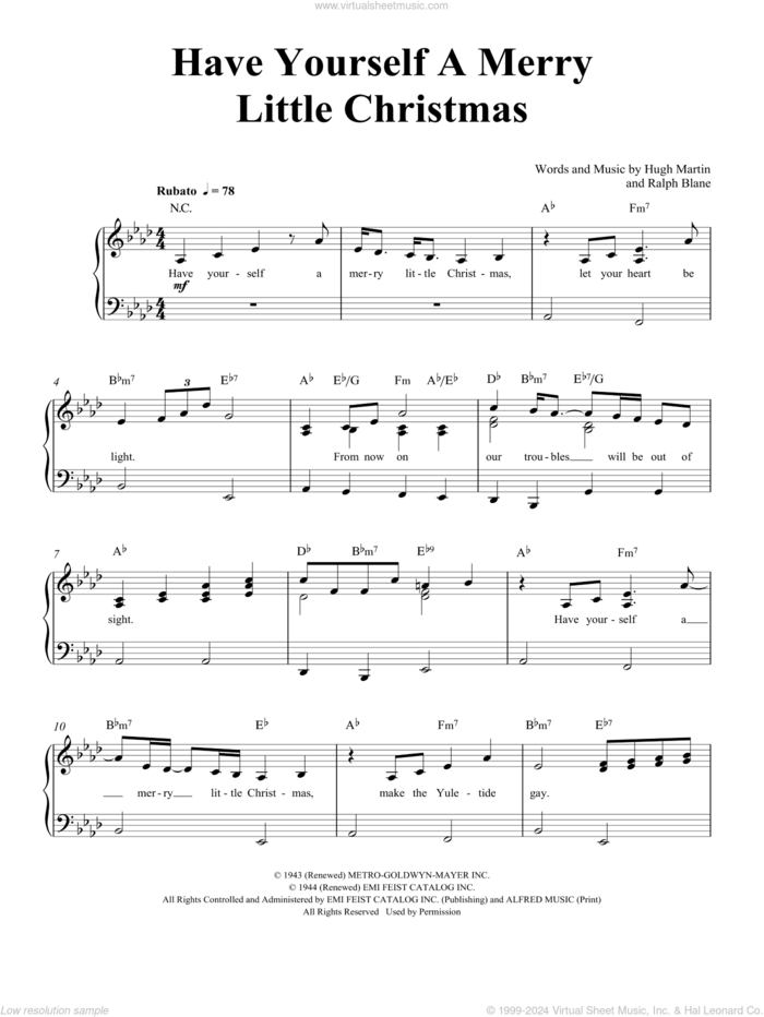 Have Yourself A Merry Little Christmas, (easy) sheet music for piano solo by Frank Sinatra, Hugh Martin and Ralph Blane, easy skill level