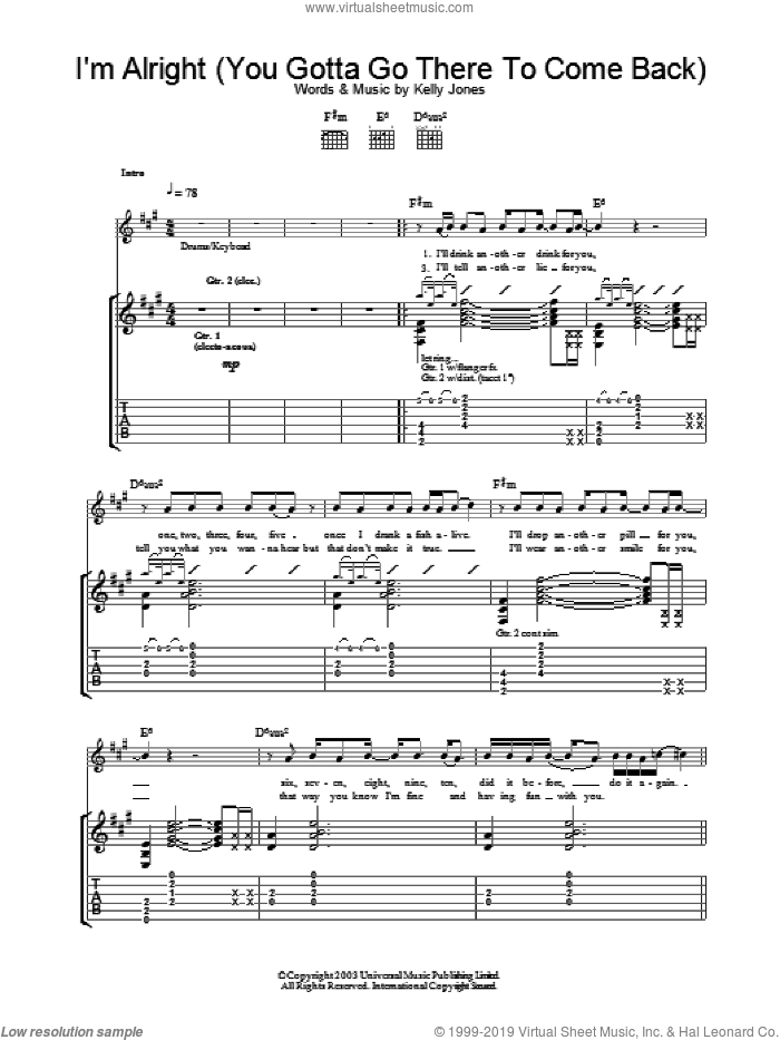 I'm Alright (You Gotta Go There To Come Back) sheet music for guitar (tablature) by Stereophonics, intermediate skill level