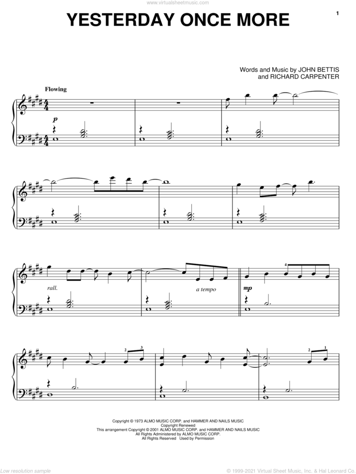 Yesterday Once More sheet music for piano solo by Carpenters, John Bettis and Richard Carpenter, intermediate skill level