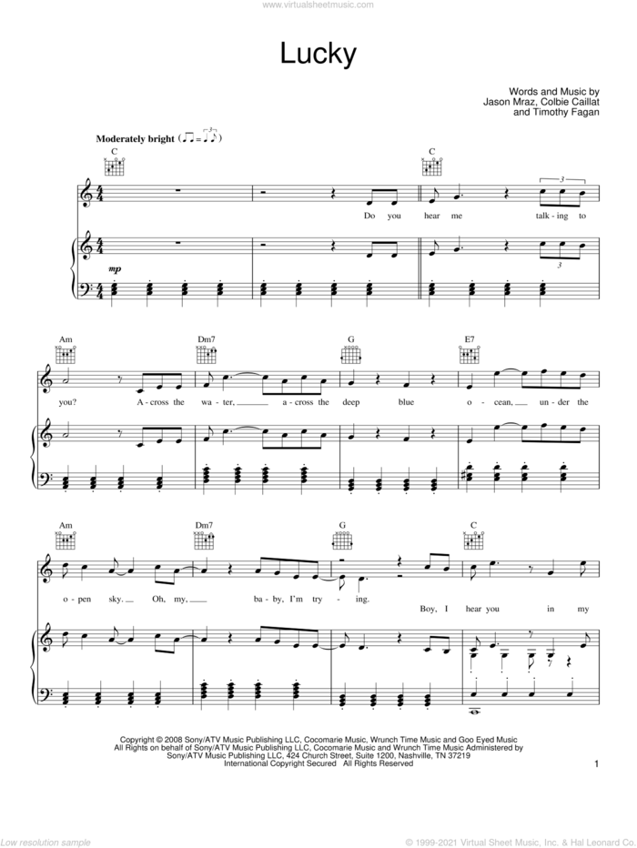 Lucky sheet music for voice, piano or guitar by Jason Mraz & Colbie Caillat, Colbie Caillat, Jason Mraz and Timothy Fagan, wedding score, intermediate skill level