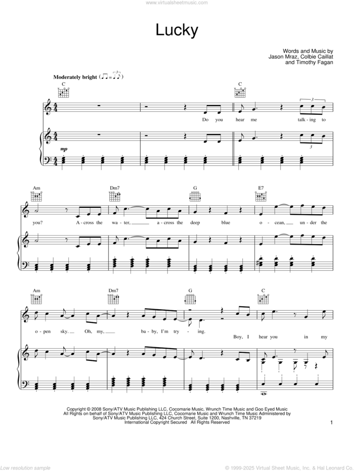 Lucky sheet music for voice, piano or guitar by Jason Mraz & Colbie Caillat, Colbie Caillat, Jason Mraz and Timothy Fagan, wedding score, intermediate skill level