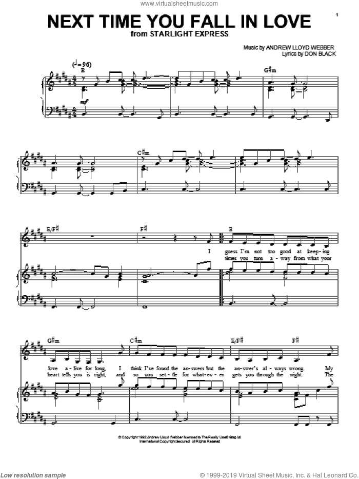 Next Time You Fall In Love sheet music for voice and piano by Andrew Lloyd Webber and Don Black, intermediate skill level