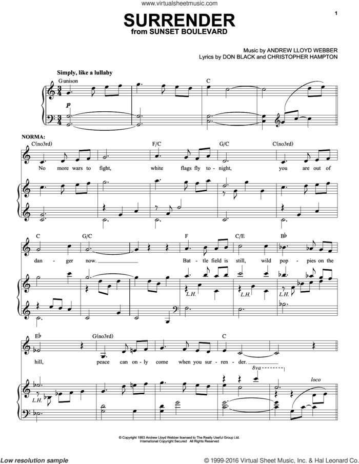 Surrender sheet music for voice and piano by Andrew Lloyd Webber, Christopher Hampton and Don Black, intermediate skill level