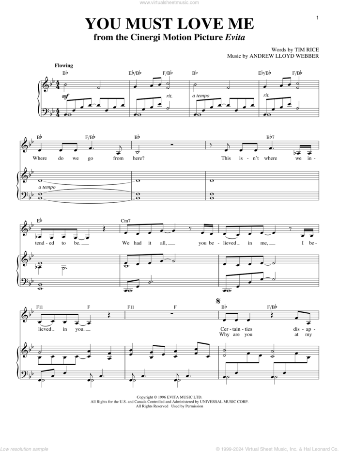 You Must Love Me sheet music for voice and piano by Andrew Lloyd Webber, Evita (Musical), Madonna and Tim Rice, intermediate skill level