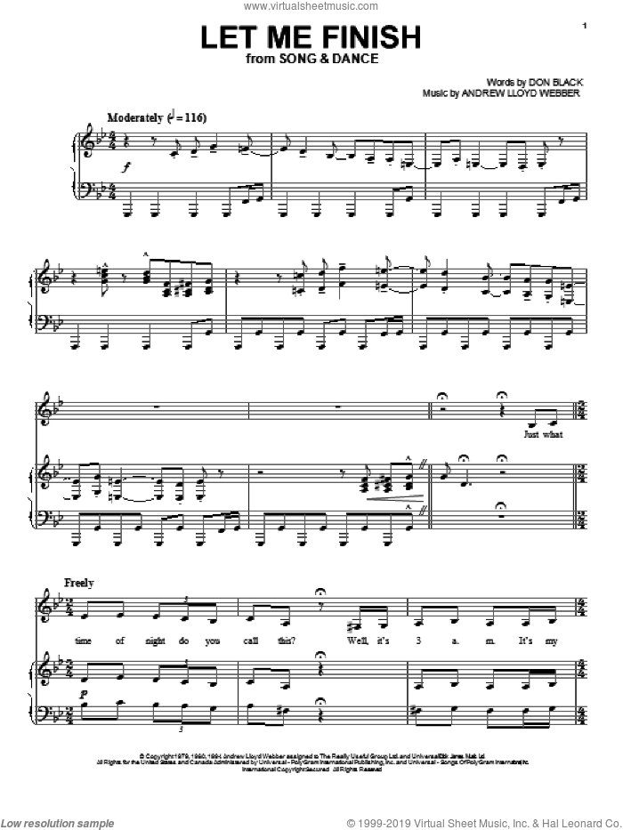 Let Me Finish (from Song And Dance) sheet music for voice and piano by Andrew Lloyd Webber and Don Black, intermediate skill level