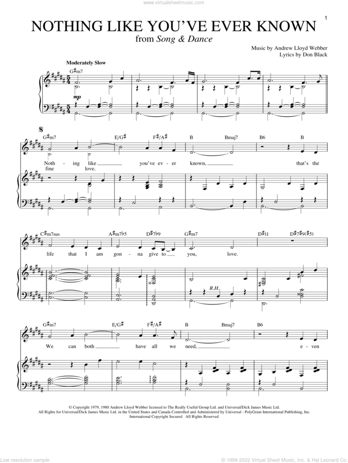 Nothing Like You've Ever Known (from Song And Dance) sheet music for voice and piano by Andrew Lloyd Webber and Don Black, intermediate skill level