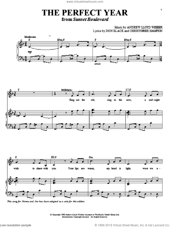 The Perfect Year (from Sunset Boulevard) sheet music for voice and piano by Andrew Lloyd Webber, Sunset Boulevard (Musical), Christopher Hampton and Don Black, intermediate skill level