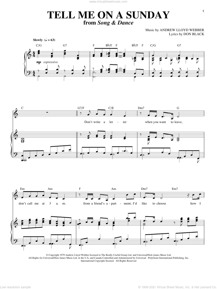 Tell Me On A Sunday sheet music for voice and piano by Andrew Lloyd Webber, Bernadette Peters, Song And Dance (Musical) and Don Black, intermediate skill level
