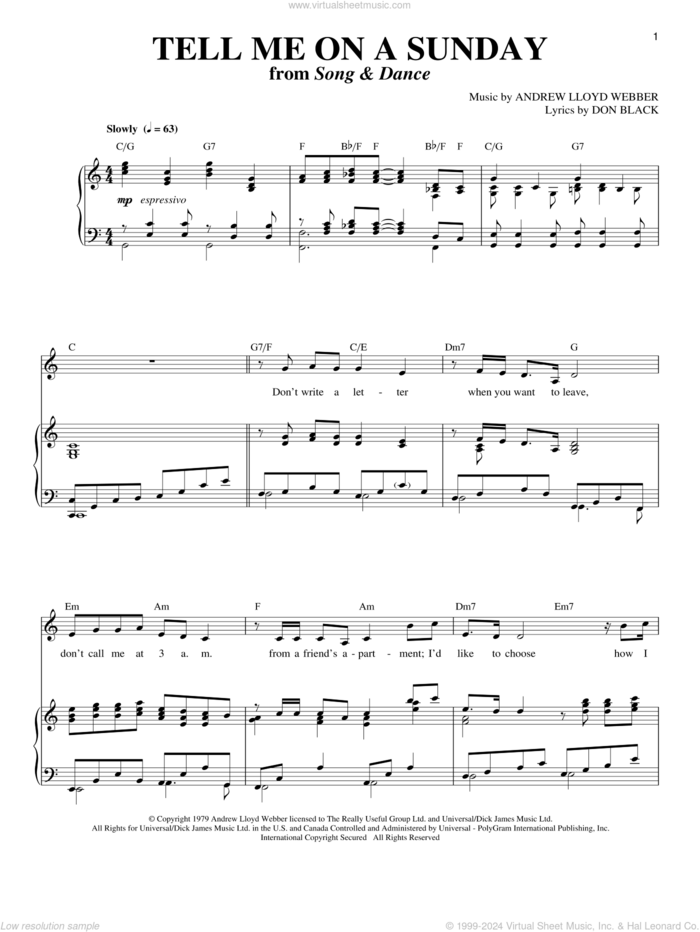 Tell Me On A Sunday sheet music for voice and piano by Andrew Lloyd Webber, Bernadette Peters, Song And Dance (Musical) and Don Black, intermediate skill level