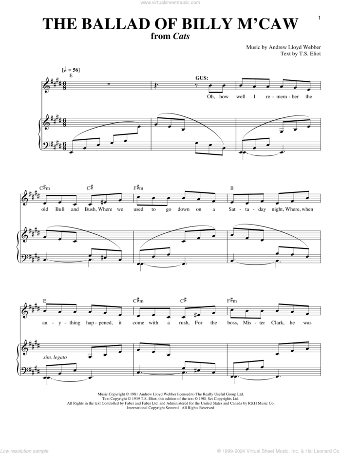 The Ballad Of Billy M'Caw sheet music for voice and piano by Andrew Lloyd Webber, Cats (Musical) and T.S. Eliot, intermediate skill level