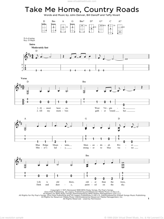 Take Me Home, Country Roads (arr. Steven B. Eulberg) sheet music for dulcimer solo by John Denver, Steven B. Eulberg, Bill Danoff and Taffy Nivert, intermediate skill level