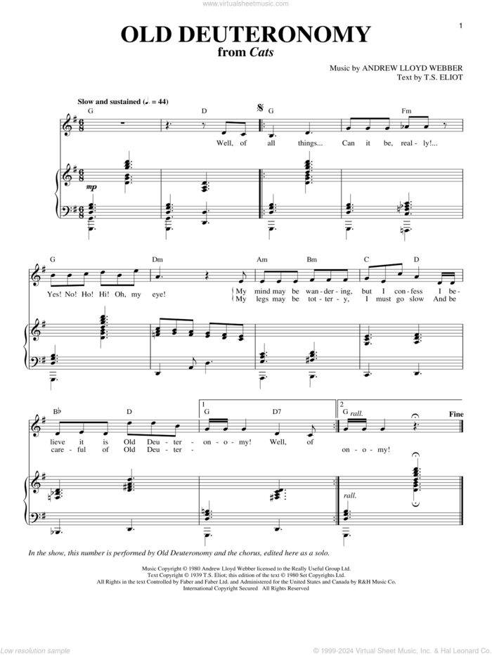 Old Deuteronomy (from Cats) sheet music for voice and piano by Andrew Lloyd Webber, Cats (Musical) and T.S. Eliot, intermediate skill level