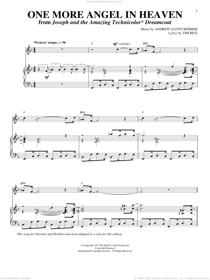 One More Angel In Heaven (from Joseph And The Amazing Technicolor Dreamcoat) sheet music for voice and piano by Andrew Lloyd Webber, Joseph And The Amazing Technicolor Dreamcoat (Musical) and Tim Rice, intermediate skill level