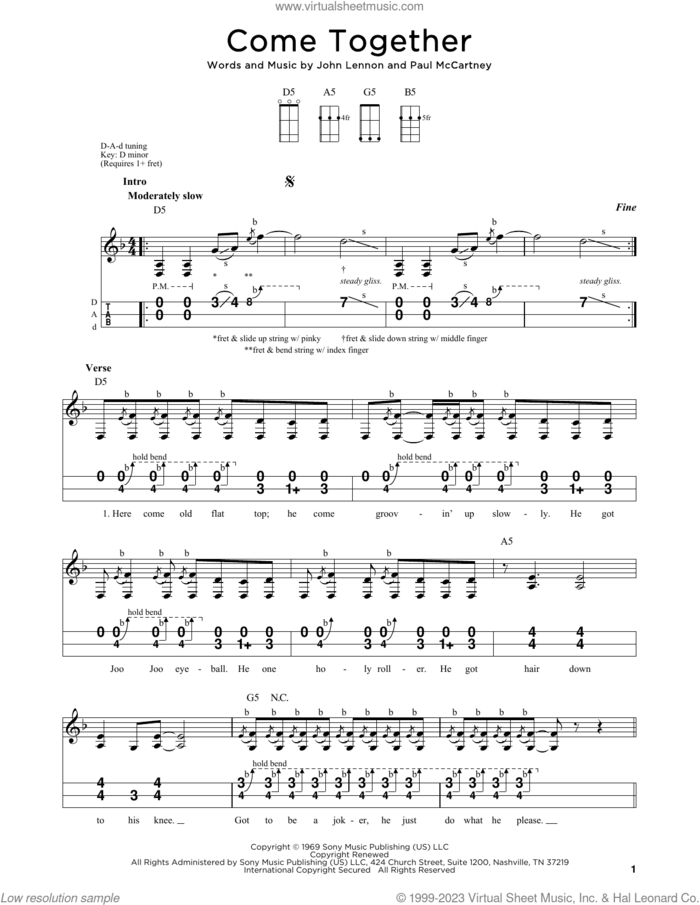 Come Together sheet music for dulcimer solo by The Beatles, John Lennon and Paul McCartney, intermediate skill level