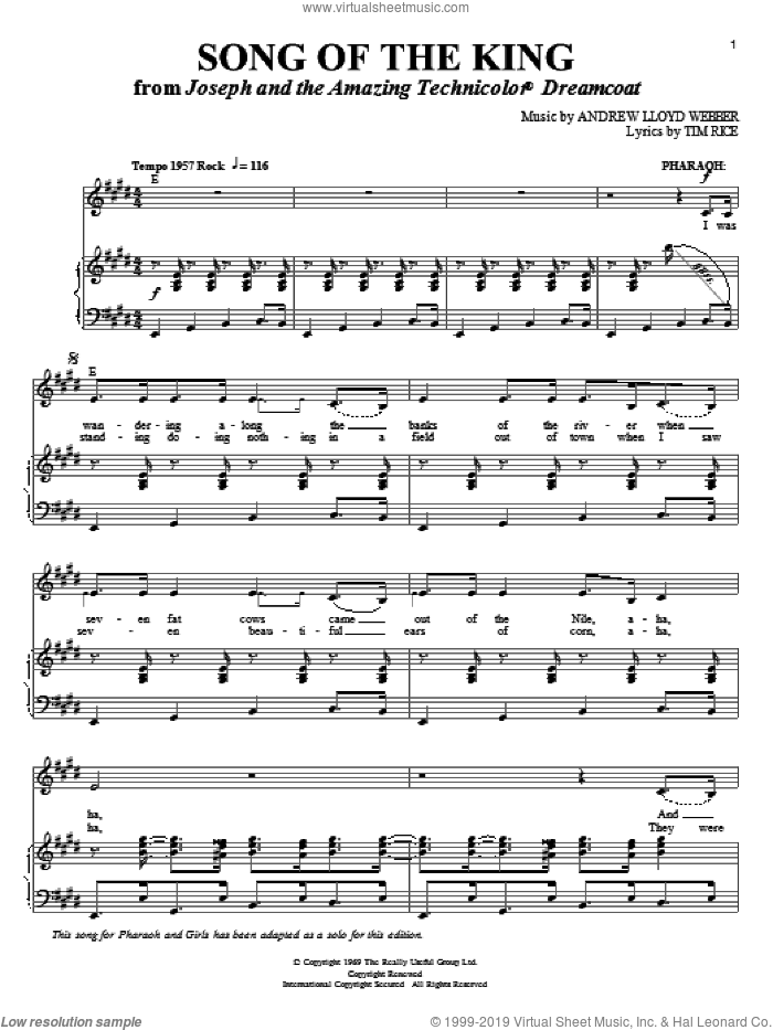 Song Of The King (from Joseph And The Amazing Technicolor Dreamcoat) sheet music for voice and piano by Andrew Lloyd Webber, Joseph And The Amazing Technicolor Dreamcoat (Musical) and Tim Rice, intermediate skill level