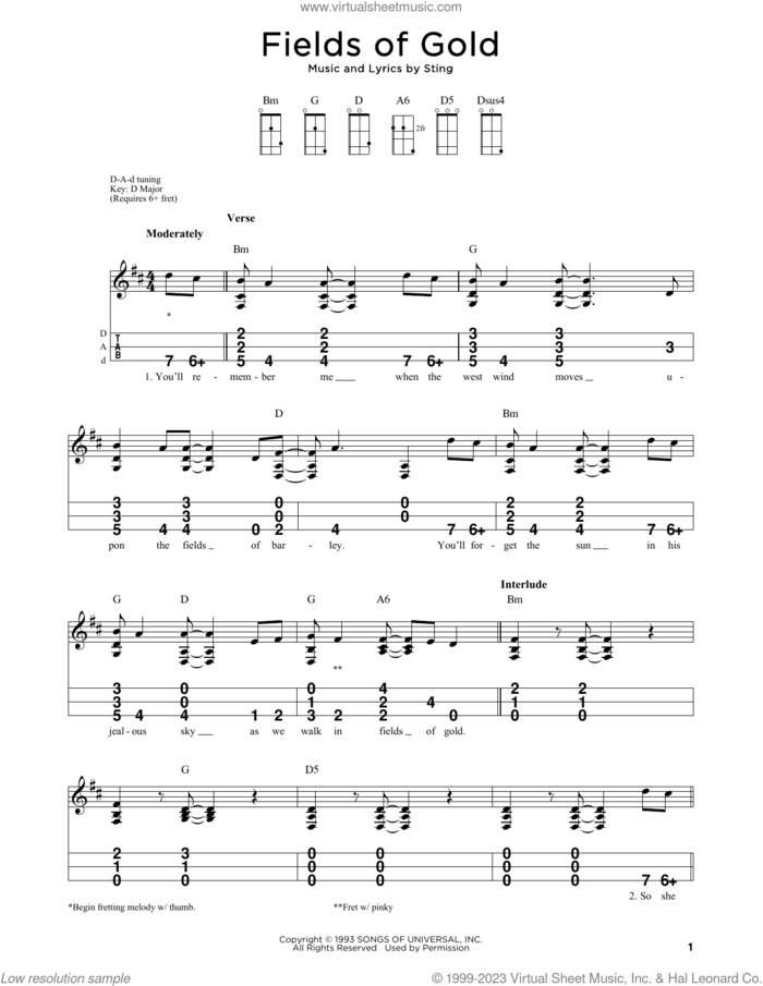 Fields Of Gold sheet music for dulcimer solo by Sting, intermediate skill level