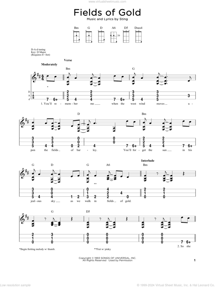 Fields Of Gold sheet music for dulcimer solo by Sting, intermediate skill level