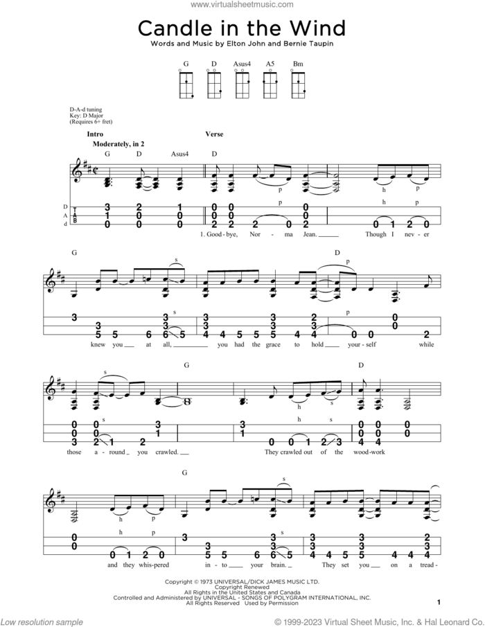 Candle In The Wind sheet music for dulcimer solo by Elton John and Bernie Taupin, intermediate skill level