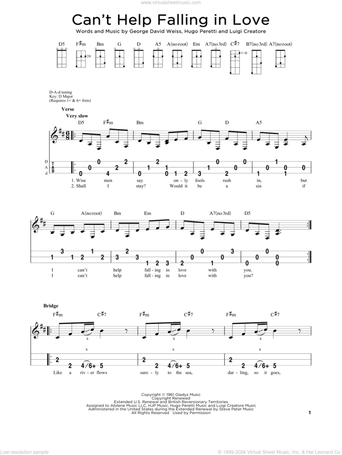 Can't Help Falling In Love sheet music for dulcimer solo by Elvis Presley, George David Weiss, Hugo Peretti and Luigi Creatore, intermediate skill level