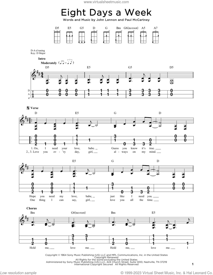 Eight Days A Week sheet music for dulcimer solo by The Beatles, John Lennon and Paul McCartney, intermediate skill level