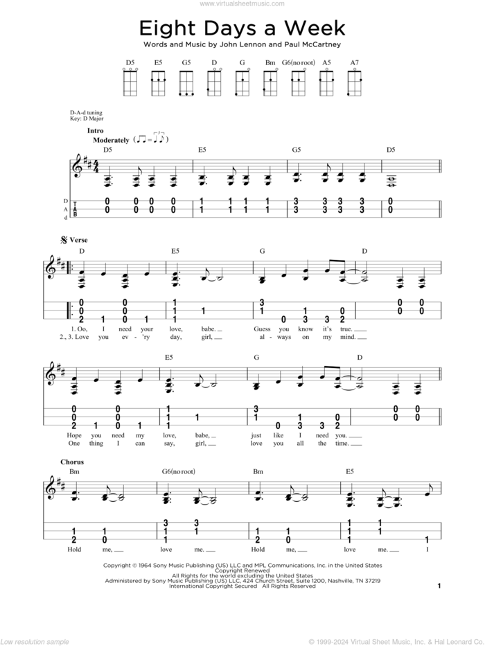 Eight Days A Week sheet music for dulcimer solo by The Beatles, John Lennon and Paul McCartney, intermediate skill level