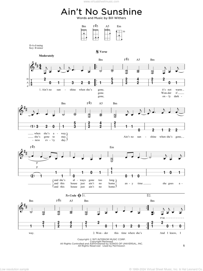 Ain't No Sunshine sheet music for dulcimer solo by Bill Withers, intermediate skill level