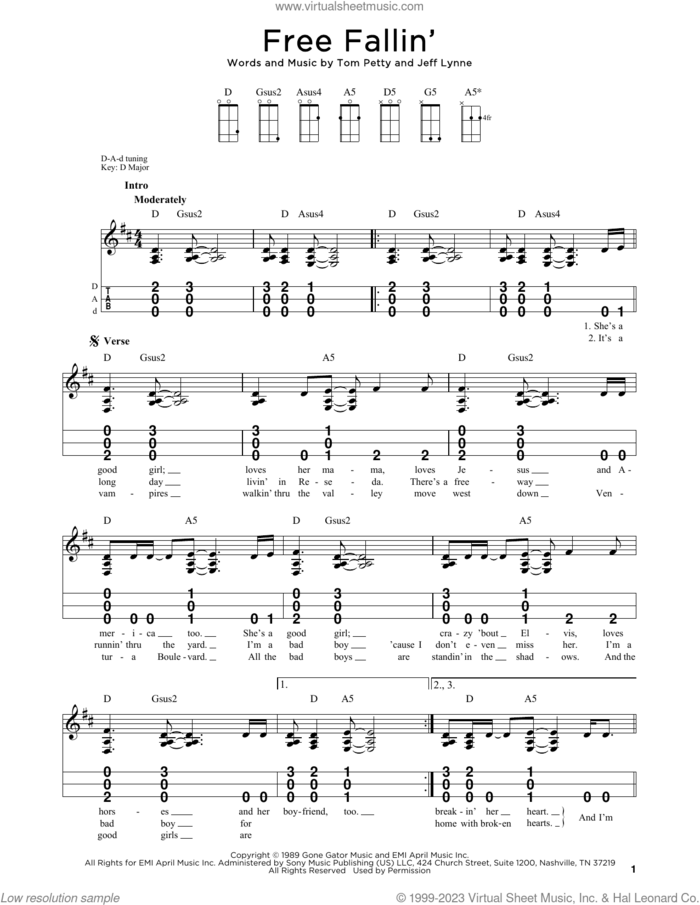 Free Fallin' sheet music for dulcimer solo by Tom Petty and Jeff Lynne, intermediate skill level