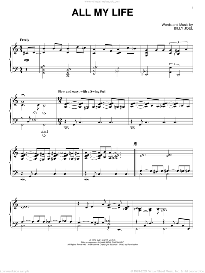 All My Life sheet music for piano solo by Billy Joel, intermediate skill level