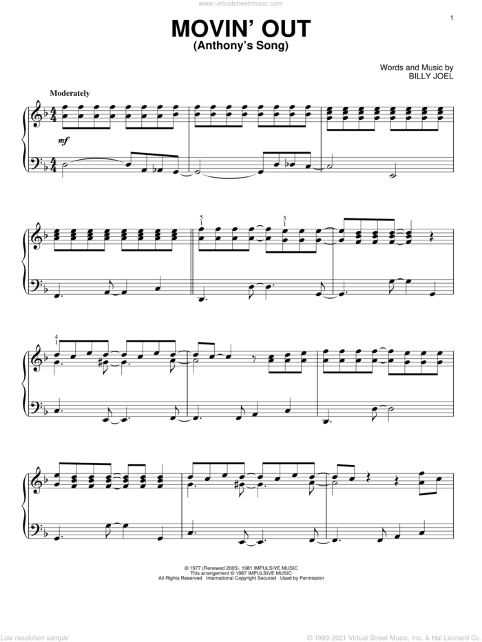 Movin' Out (Anthony's Song) sheet music for piano solo by Billy Joel, intermediate skill level