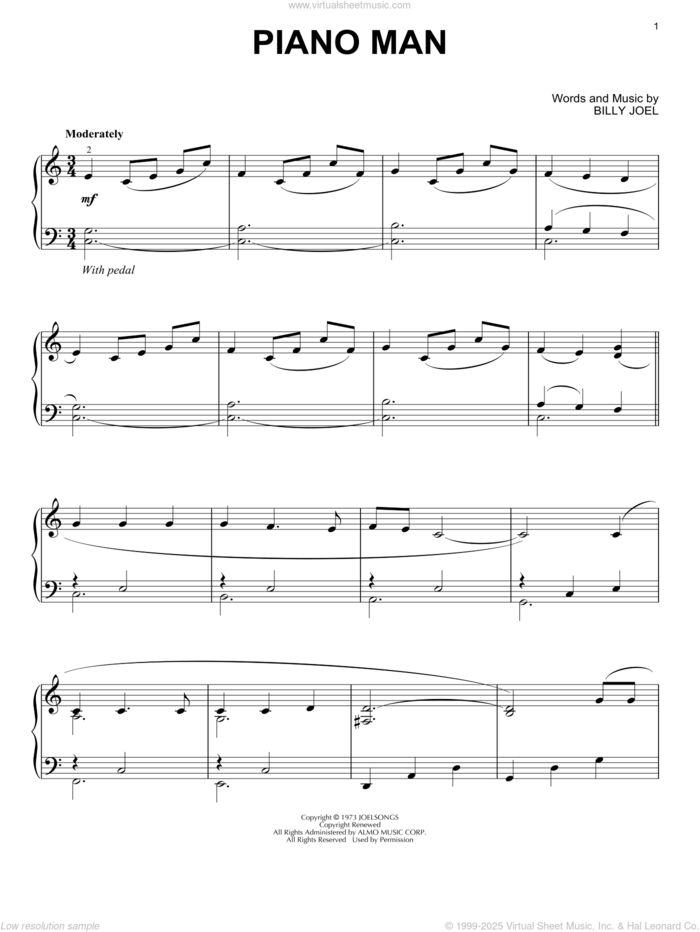 Piano Man, (intermediate) sheet music for piano solo by Billy Joel, intermediate skill level