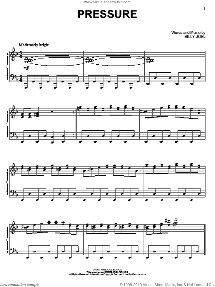 Pressure sheet music for piano solo by Billy Joel, intermediate skill level