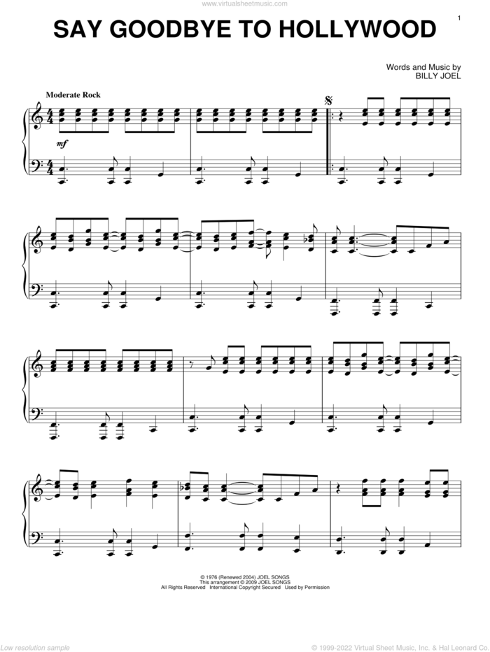 Say Goodbye To Hollywood sheet music for piano solo by Billy Joel, intermediate skill level