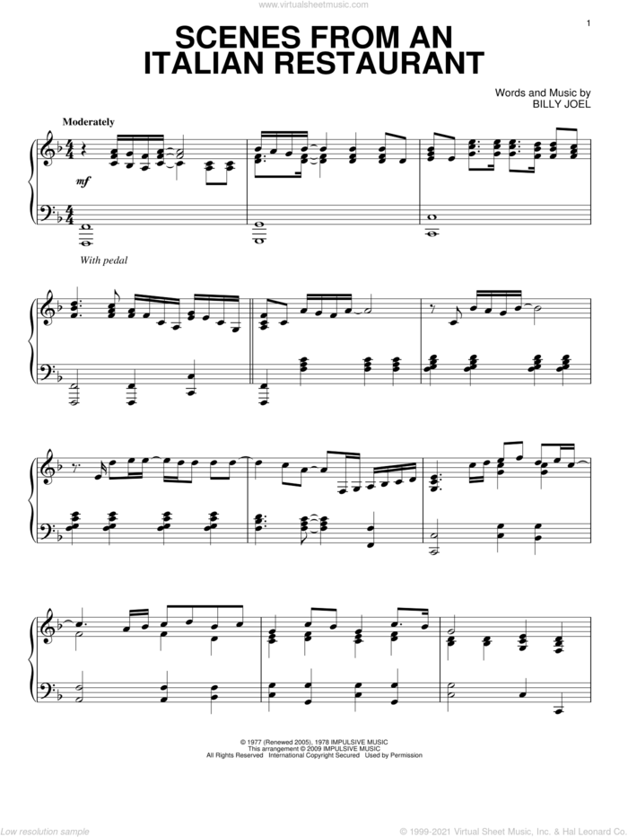 Scenes From An Italian Restaurant sheet music for piano solo by Billy Joel, intermediate skill level