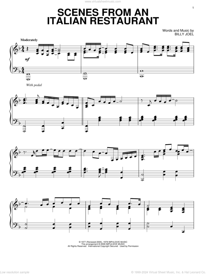 Scenes From An Italian Restaurant sheet music for piano solo by Billy Joel, intermediate skill level