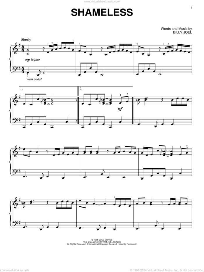 Shameless sheet music for piano solo by Billy Joel and Garth Brooks, intermediate skill level