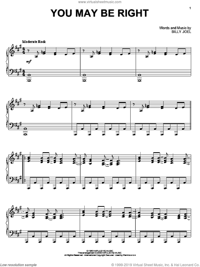 You May Be Right, (intermediate) sheet music for piano solo by Billy Joel, intermediate skill level