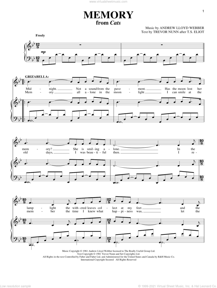Memory (from Cats) sheet music for voice and piano by Andrew Lloyd Webber, Barbra Streisand, Cats (Musical), T.S. Eliot and Trevor Nunn, intermediate skill level