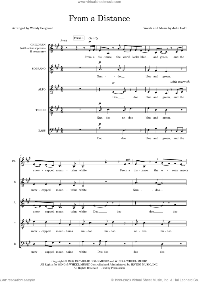 From A Distance (arr. Wendy Sergeant) sheet music for choir (SSATB) by Bette Midler, Wendy Sergeant and Julie Gold, intermediate skill level