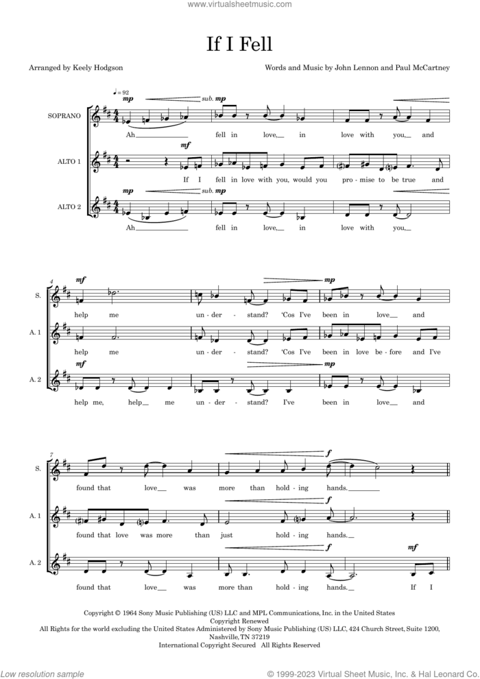If I Fell (arr. Keely Hodgson) sheet music for choir (SAA) by The Beatles, Keely Hodgson, John Lennon and Paul McCartney, intermediate skill level