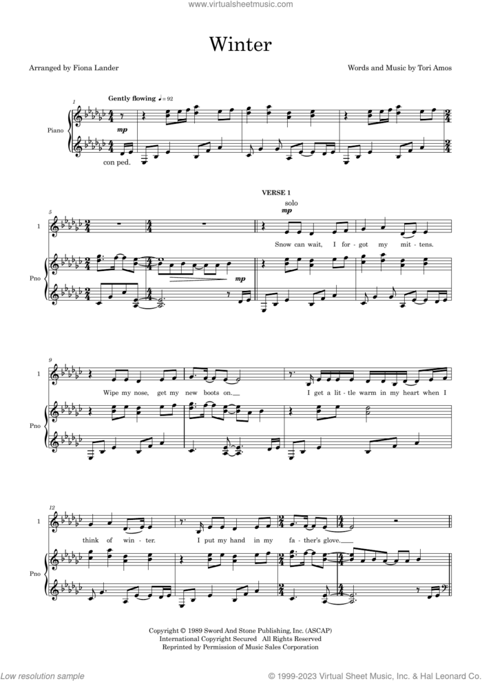 Winter (arr. Fiona Lander) sheet music for choir (SSA: soprano, alto) by Tori Amos and Fiona Lander, intermediate skill level