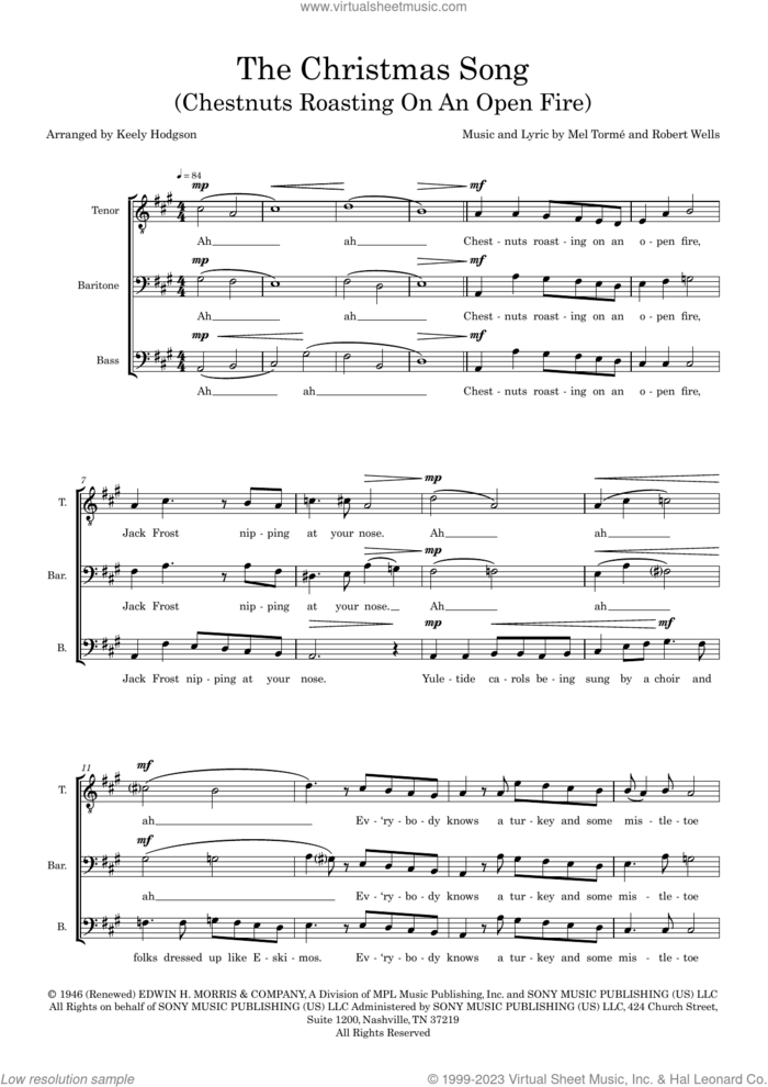 The Christmas Song (Chestnuts Roasting On An Open Fire) (arr. Keely Hodgson) sheet music for choir (TBB: tenor, bass) by Mel Torme, Keely Hodgson and Robert Wells, intermediate skill level