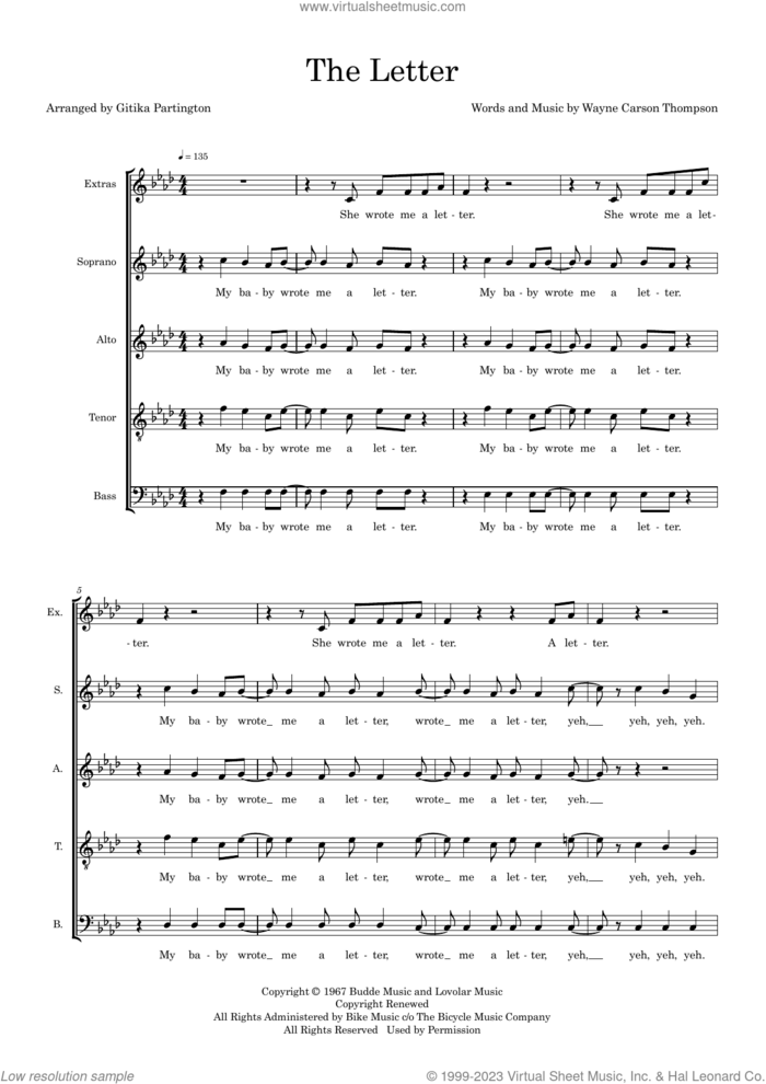 The Letter (arr. Gitika Partington) sheet music for choir (SATB: soprano, alto, tenor, bass) by The Box Tops, Gitika Partington and Wayne Carson Thompson, intermediate skill level