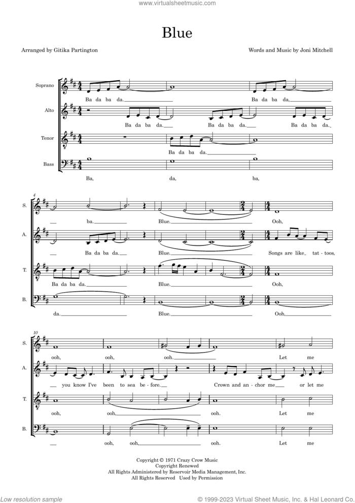 Blue (arr. Gitika Partington) sheet music for choir (SATB: soprano, alto, tenor, bass) by Joni Mitchell and Gitika Partington, intermediate skill level