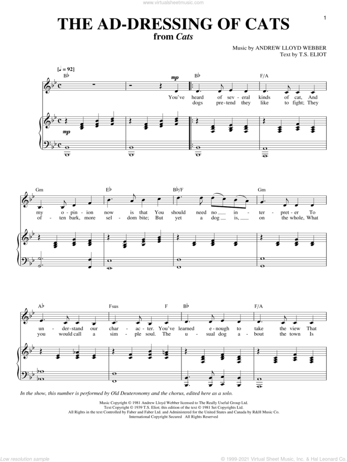 The Ad-Dressing Of Cats (from Cats) sheet music for voice and piano by Andrew Lloyd Webber, Cats (Musical) and T.S. Eliot, intermediate skill level