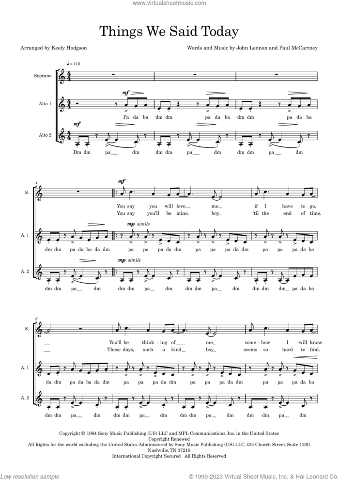 Things We Said Today (arr. Keely Hodgson) sheet music for choir (SAA) by The Beatles, Keely Hodgson, John Lennon and Paul McCartney, intermediate skill level
