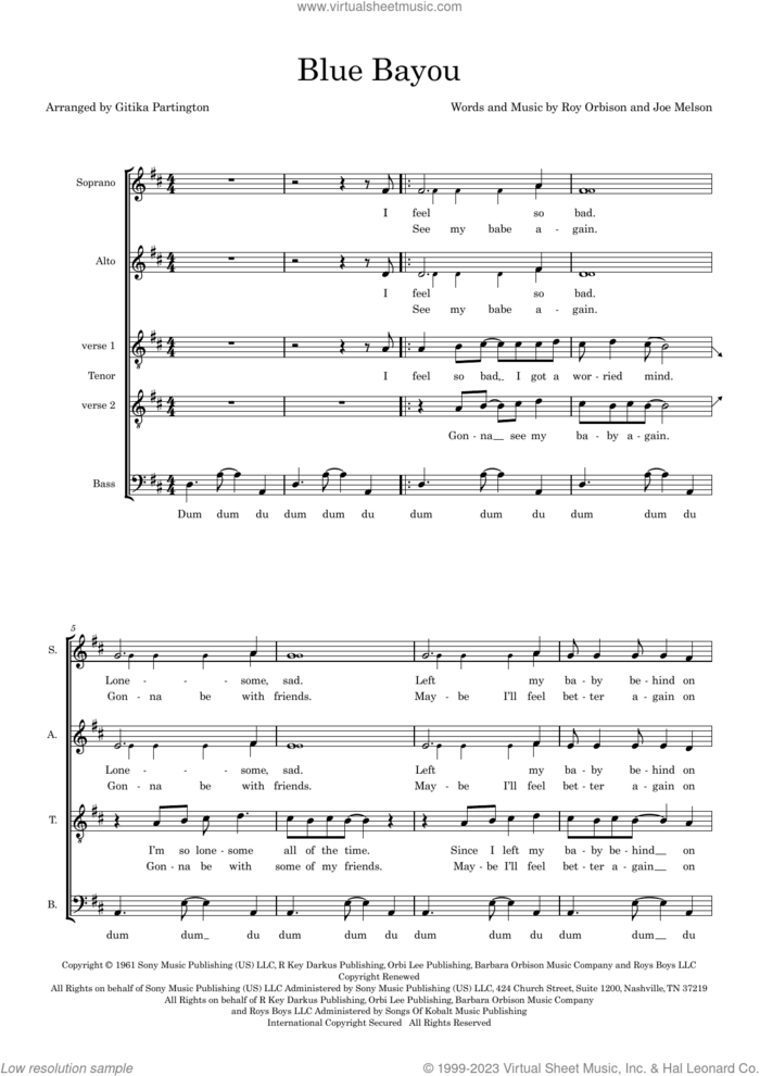 Blue Bayou (arr. Gitika Partington) sheet music for choir (SATB: soprano, alto, tenor, bass) by Roy Orbison, Gitika Partington and Joe Melson, intermediate skill level
