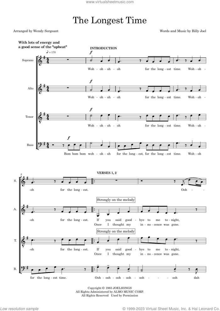 The Longest Time (arr. Wendy Sergeant) sheet music for choir (SATB: soprano, alto, tenor, bass) by Billy Joel and Wendy Sergeant, intermediate skill level