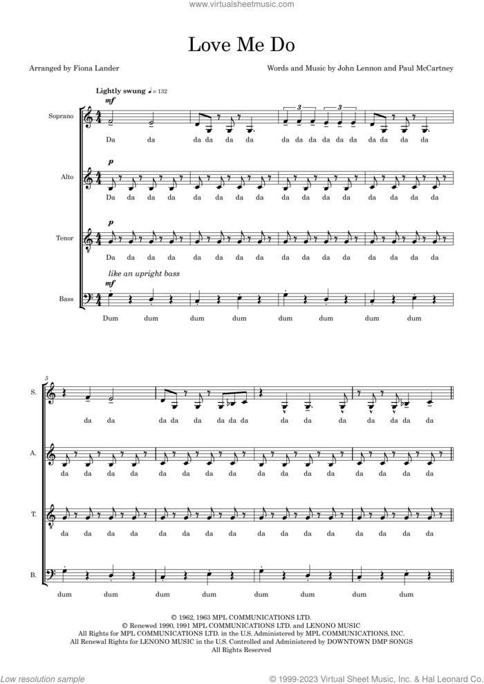 Love Me Do (arr. Fiona Lander) sheet music for choir (SATB: soprano, alto, tenor, bass) by The Beatles, Fiona Lander, John Lennon and Paul McCartney, intermediate skill level