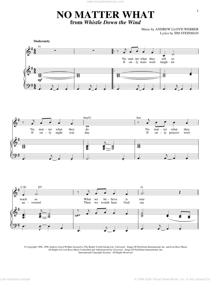 No Matter What (from Whistle Down the Wind) sheet music for voice and piano by Andrew Lloyd Webber, Boyzone, Whistle Down The Wind (Musical) and Jim Steinman, intermediate skill level