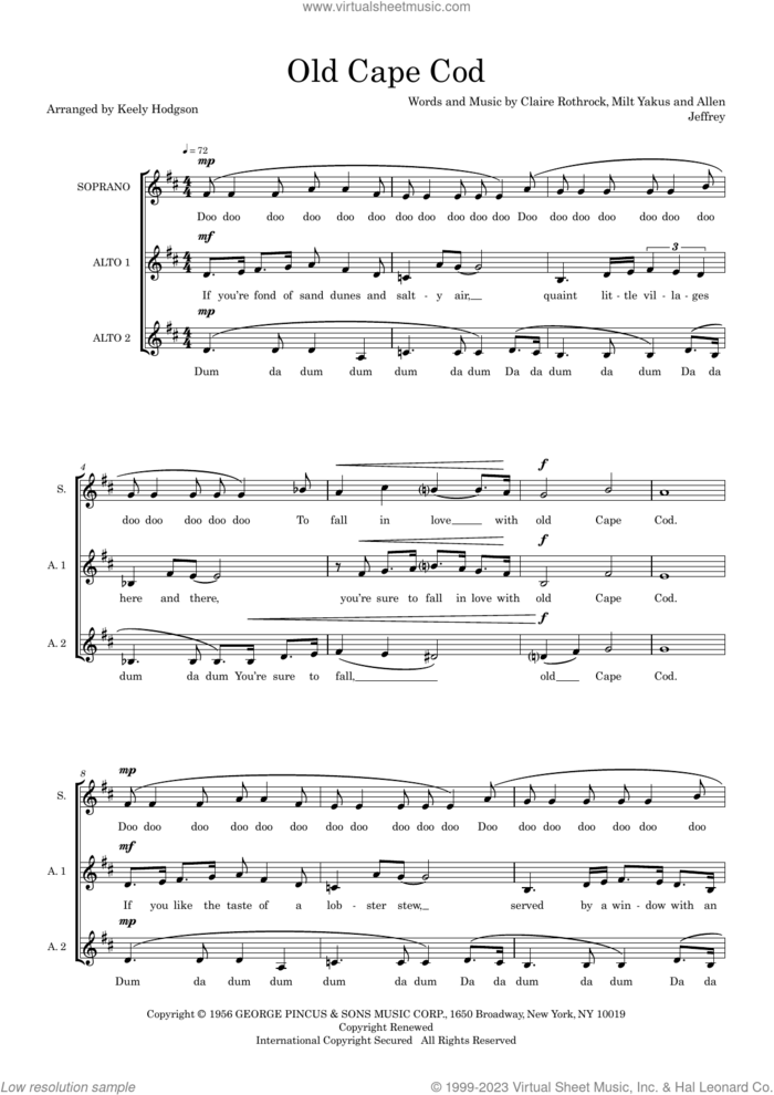 Old Cape Cod (arr. Keely Hodgson) sheet music for choir (SAA) by Patti Page, Keely Hodgson, Allen Jeffrey, Claire Rothrock and Milt Yakus, intermediate skill level